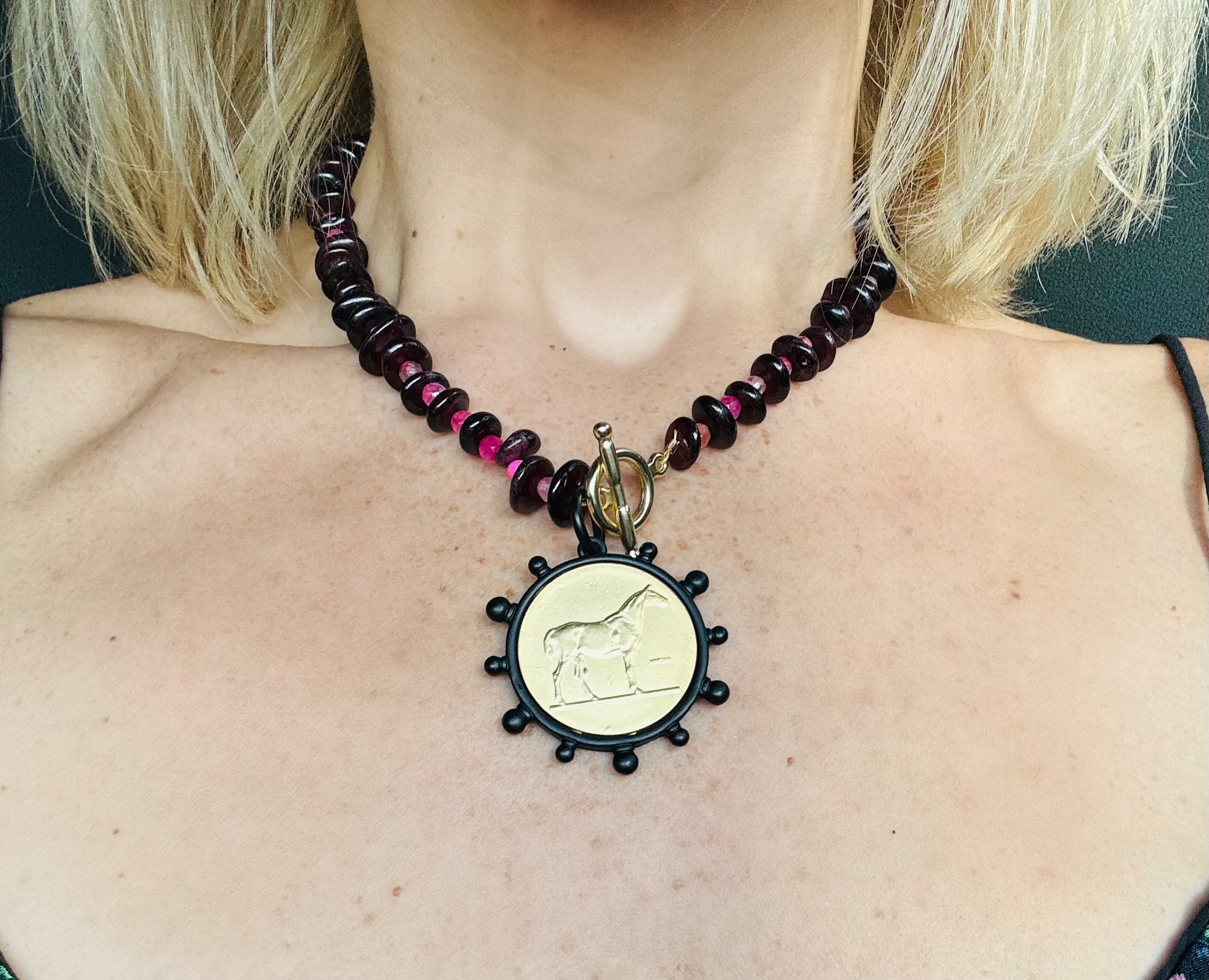 Gold Plated Garnet & Pink Opal Necklace