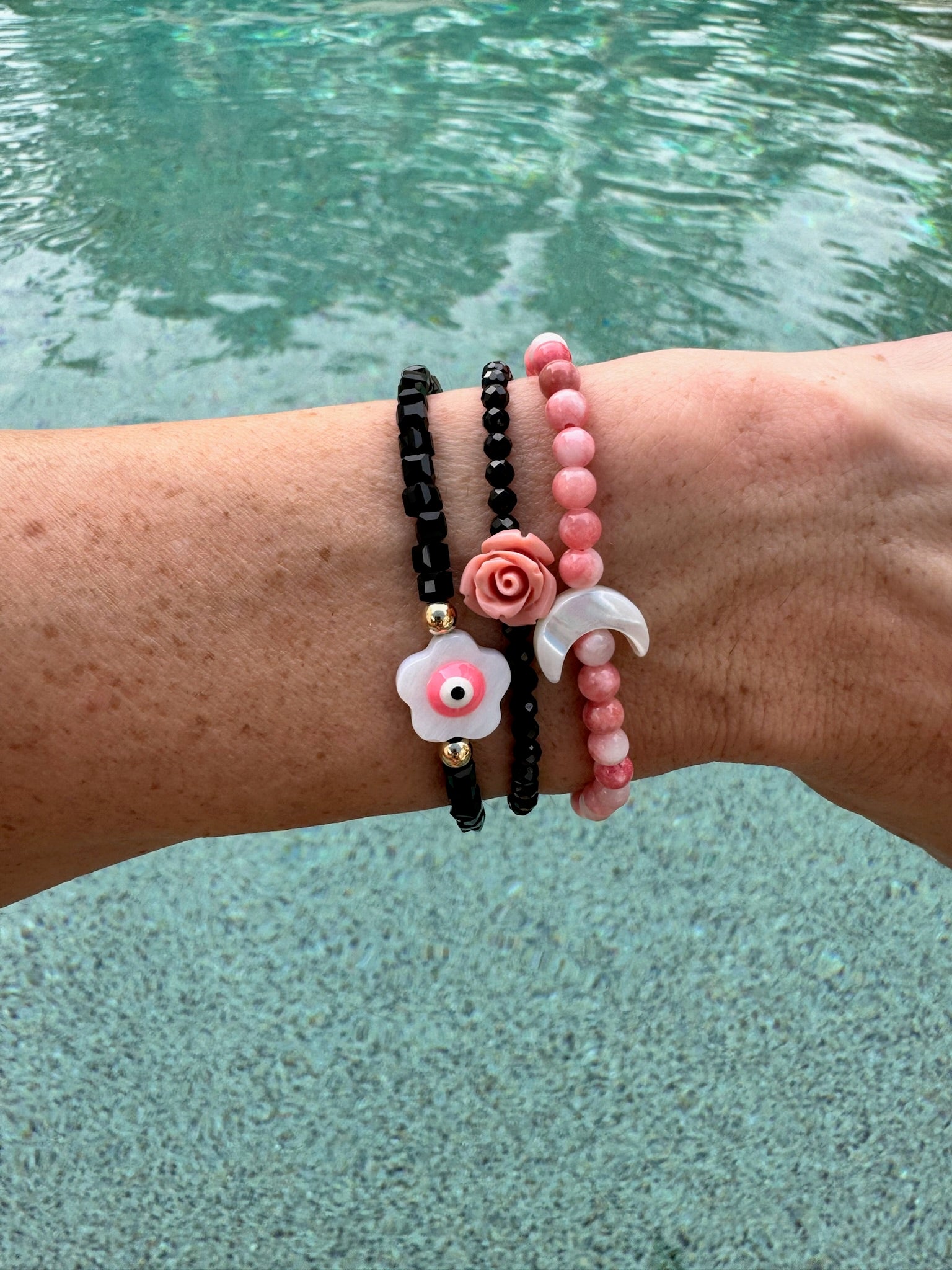 Black Onyx & Pink Daisy Protection Bracelet