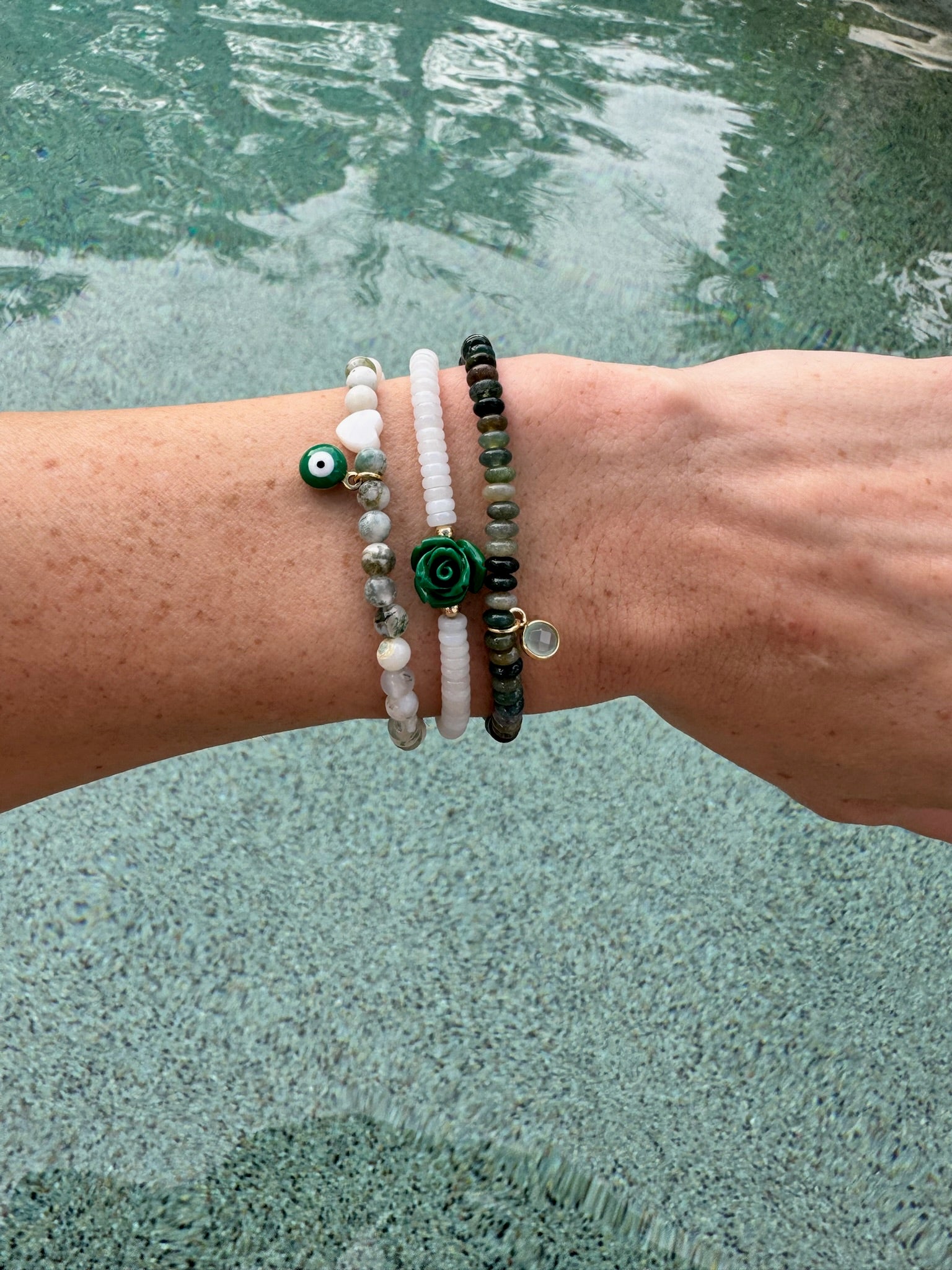 White Rondelle Rosebud Bracelet (pick your rosebud)