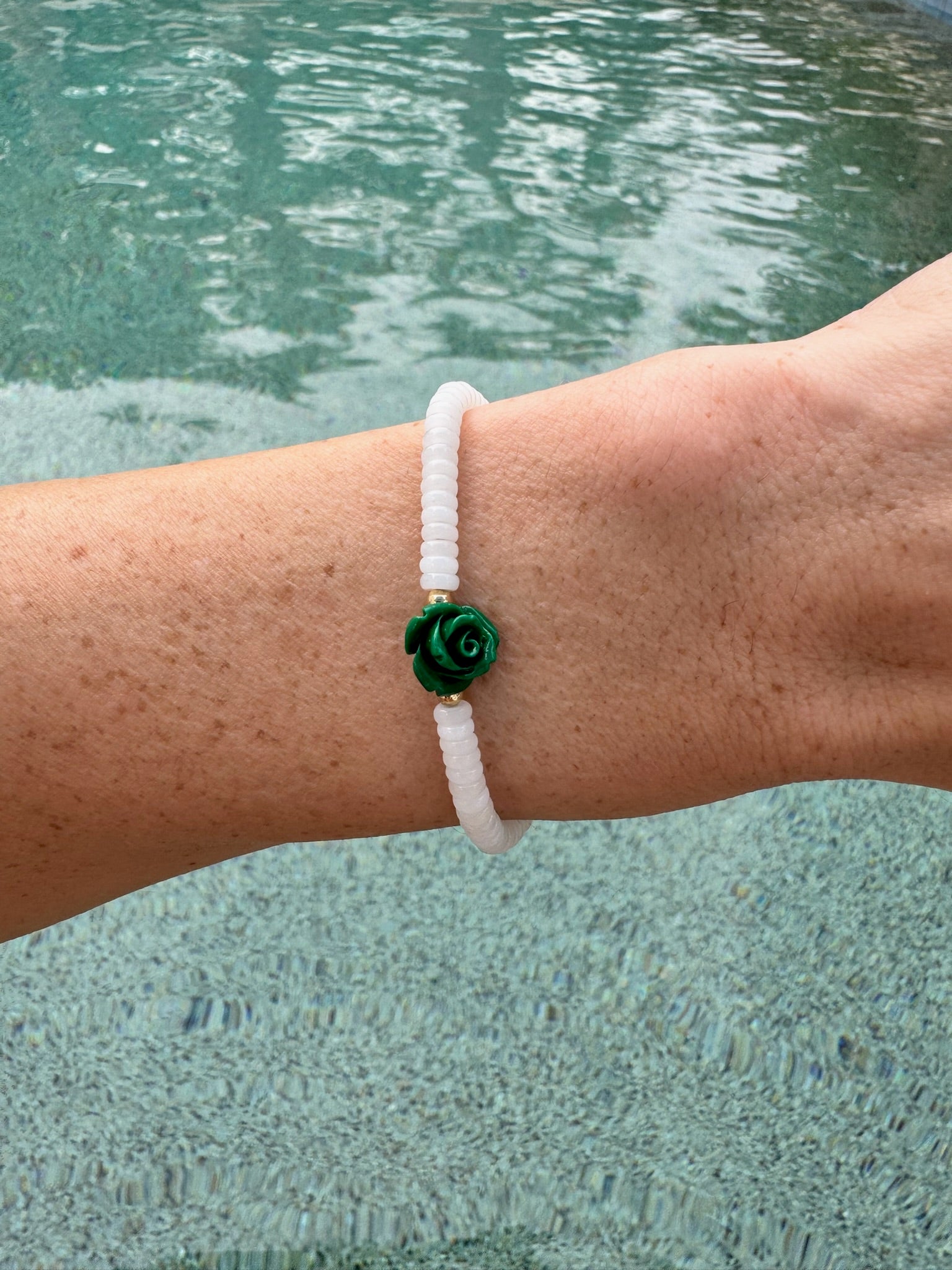 White Rondelle Rosebud Bracelet (pick your rosebud)