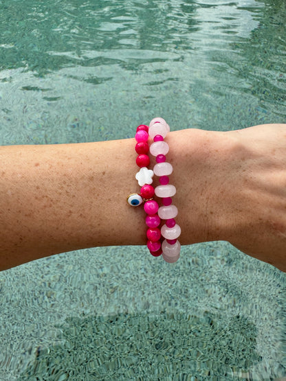 White Quartz/hot pink beaded bracelet