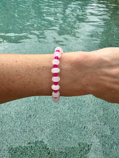 White Quartz/hot pink beaded bracelet