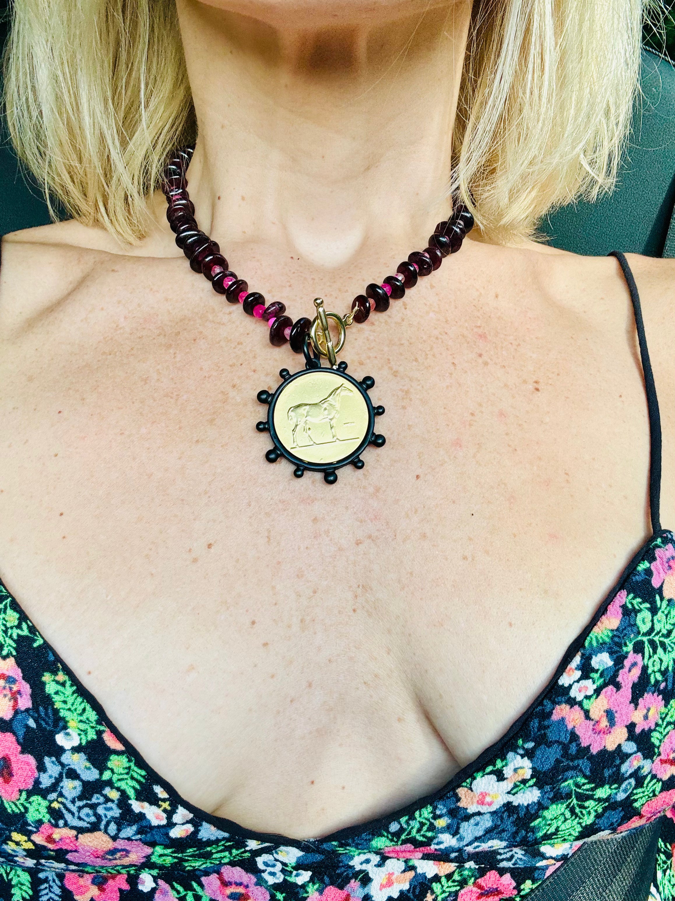 Gold Plated Garnet & Pink Opal Necklace