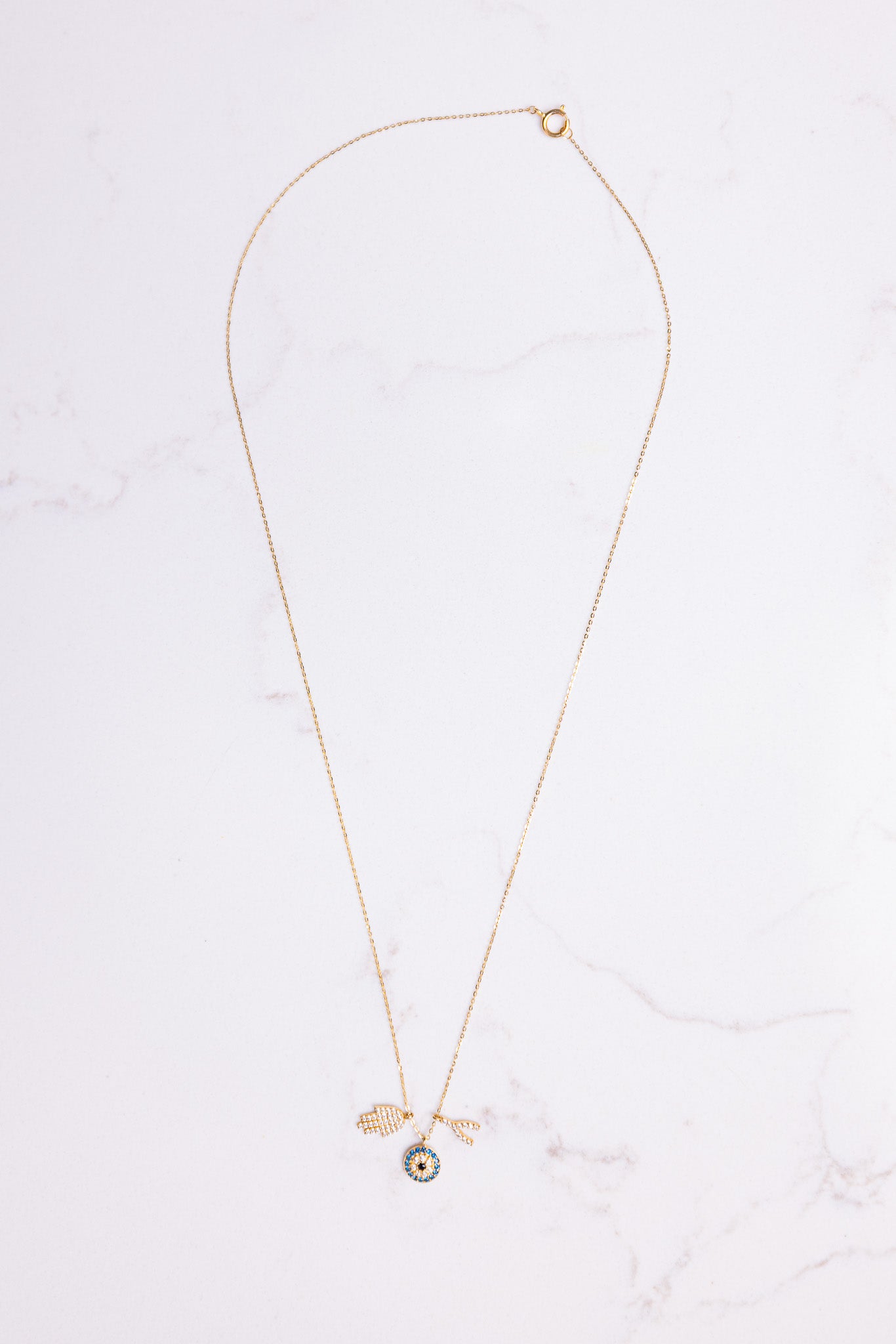 14k Gold Evil Eye Necklace - 3 Good Luck Charms