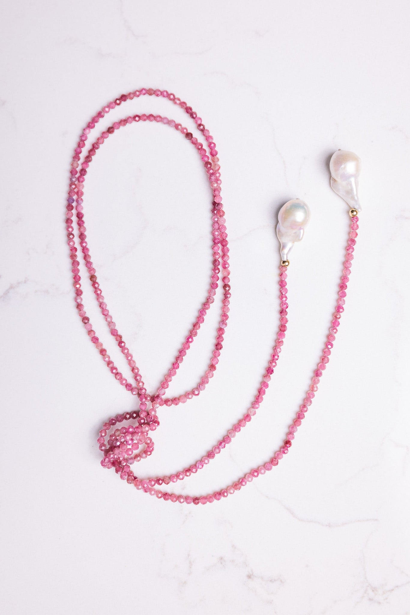 14k Gold Beaded Pink Tourmaline - Lariat Wrap Necklace
