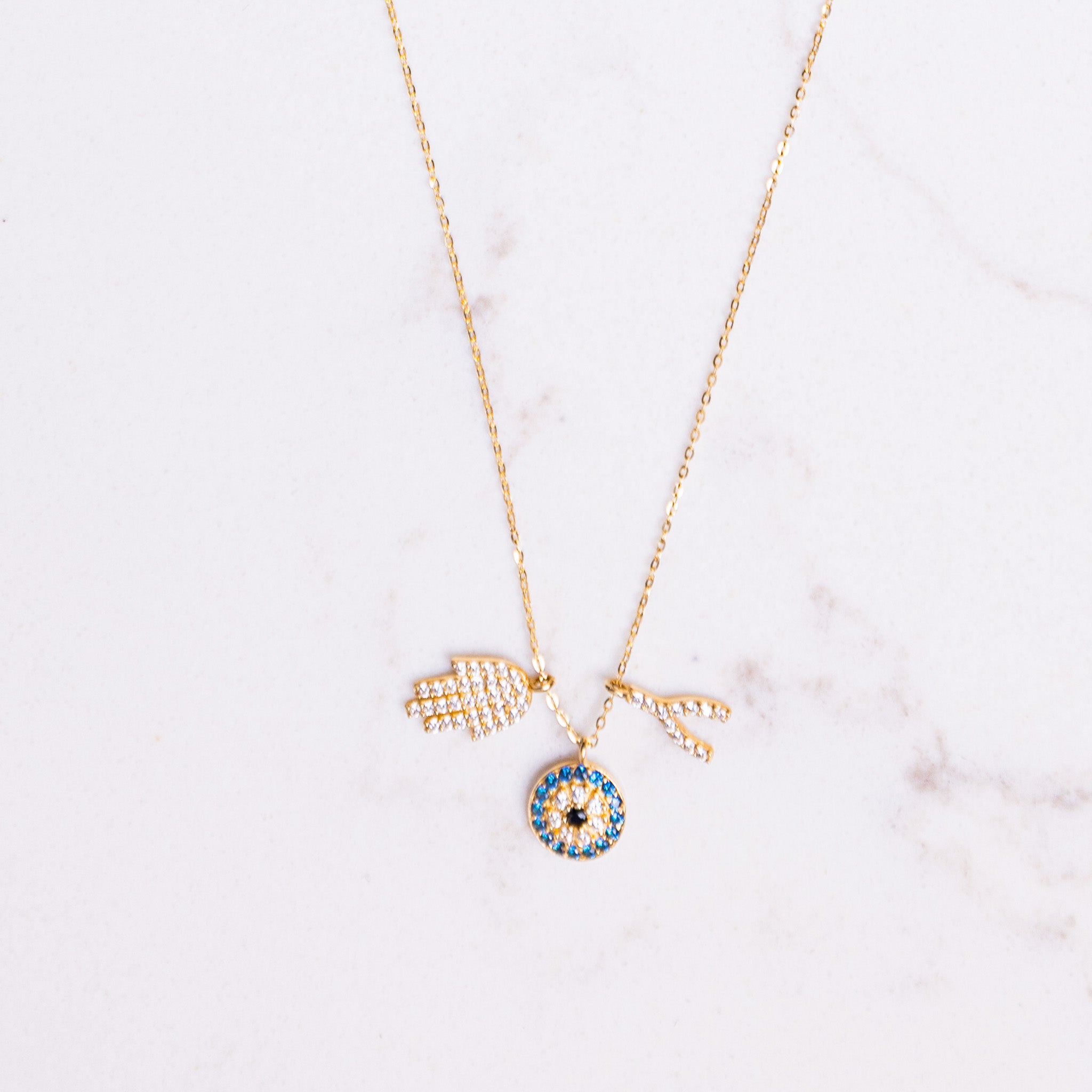 14k Gold Evil Eye Necklace - 3 Good Luck Charms